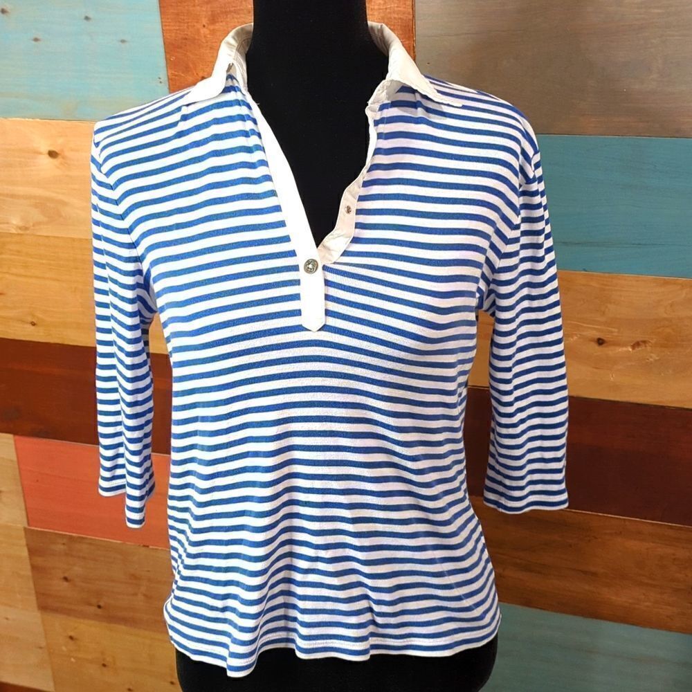 SMALL 100% cotton striped 3/4 sleeve collared shirt Lauren Ralph Lauren